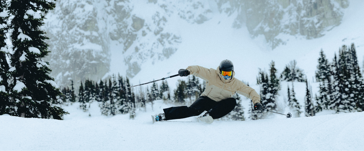 Person skiing down a snowy slope with mountains and trees in the background