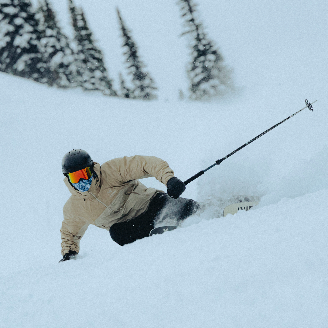 Person skiing in a snowy landscape with trees in the background